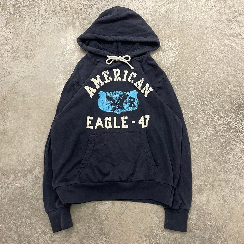 American Eagle Mens Navy Blue Y2K Script Logo Grunge Pullover Hoodie Distressed